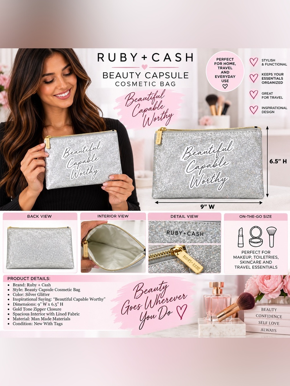 RUBY + CASH BEAUTY CAPSULE COSMETIC BAG – SILVER GLITTER (NEW WITH TAGS) A30